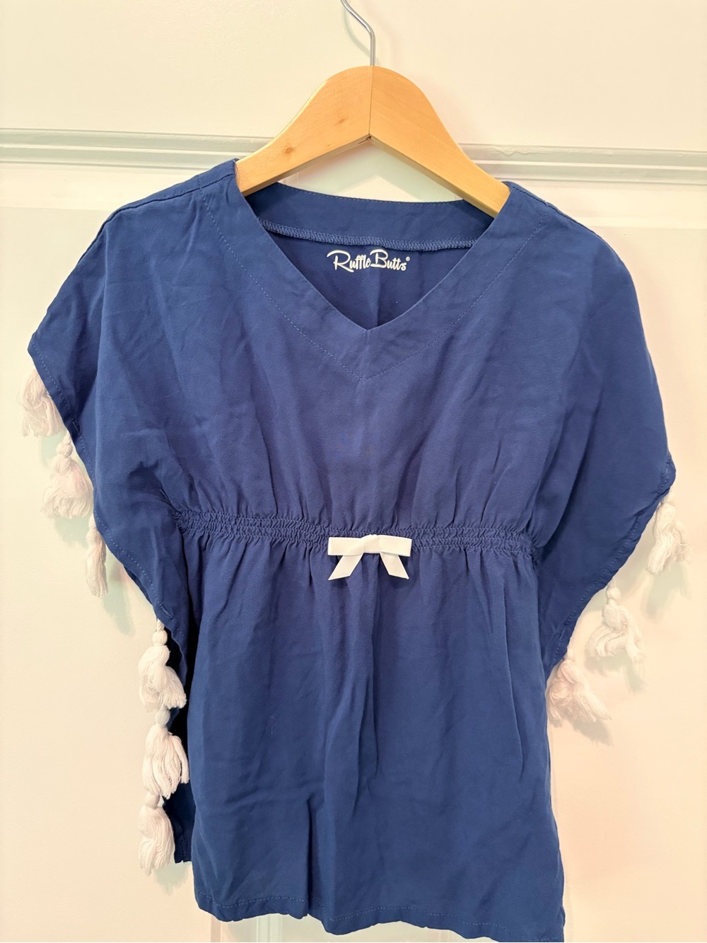 Ruffle Butts Blue Girls Swim Coverup with White Tassel Trim